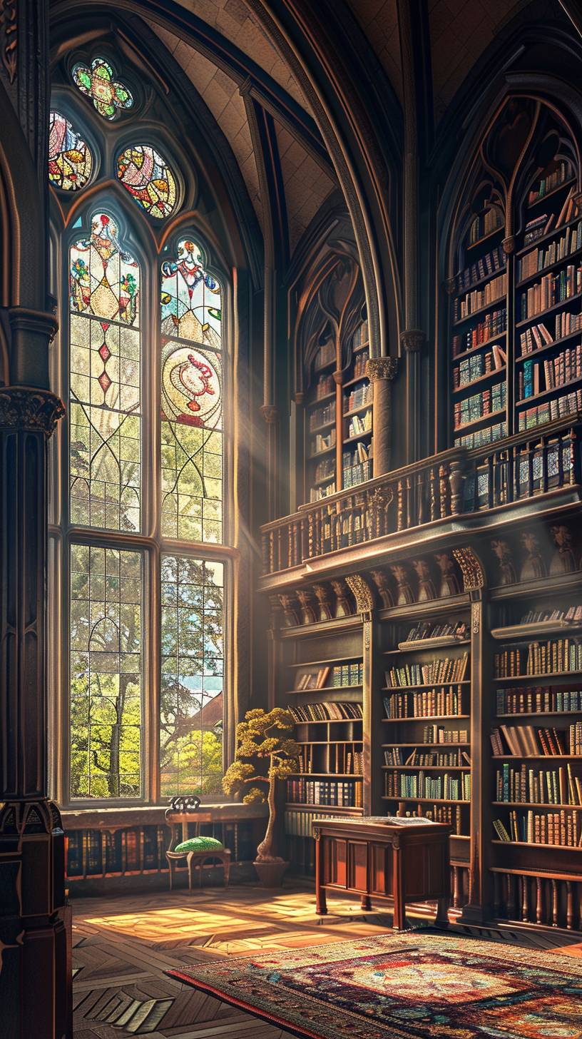 古い本で満たされた背の高い本棚のある歴史的な図書館。ステンドグラスの窓から差し込む日光が、空間の美しさを照らしています。James Gillrayによる建築写真のスタイルで。