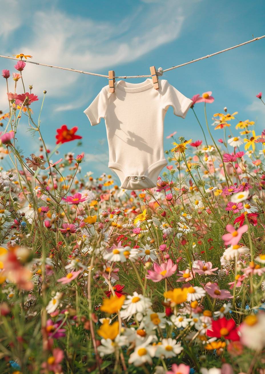 A baby onesie is hung on a string with wooden clips in the middle of a colorful flower field