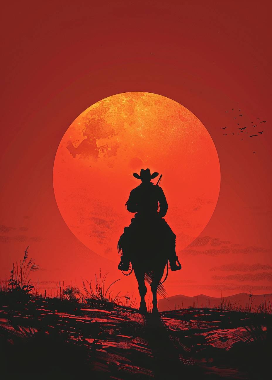 A cowboy riding his horse towards the moonlight, concept art by Moebius, illustration, creative, very minimalist, simple, vector, comic book style