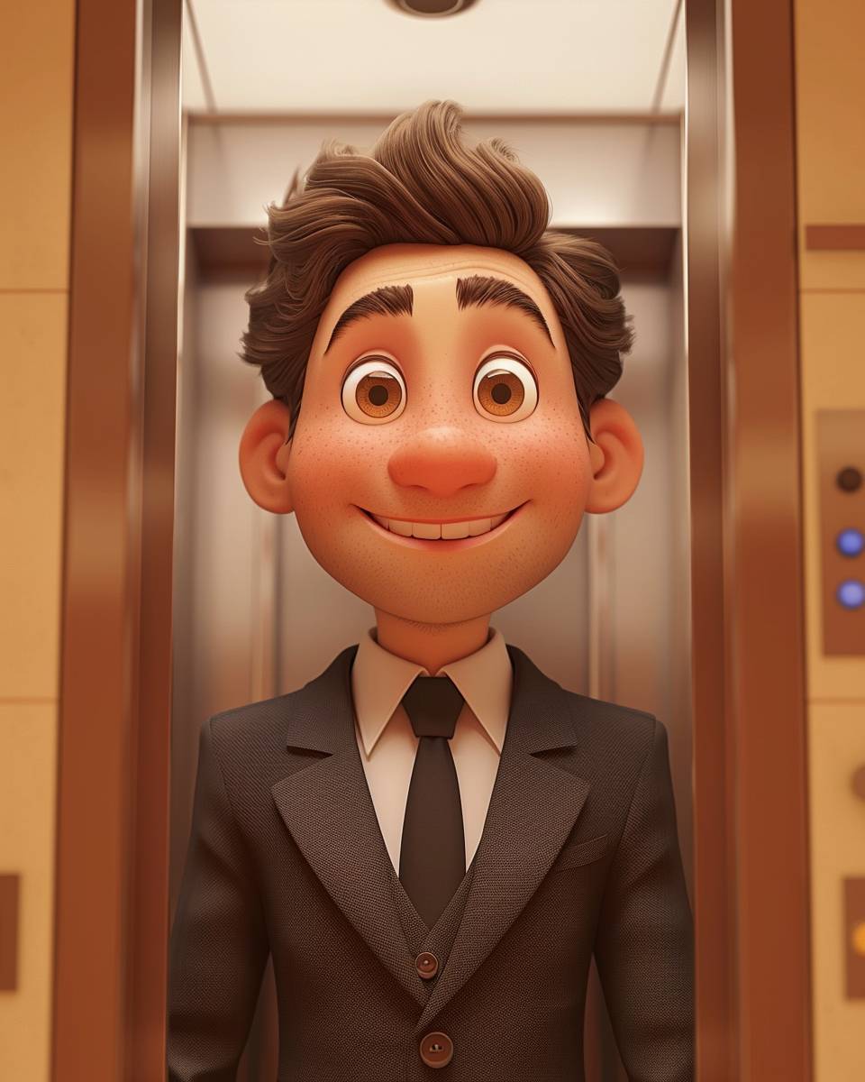 A 3D cartoon animation of a smiling sales person getting onto an elevator. Inspired by Disney and Pixar Animation.