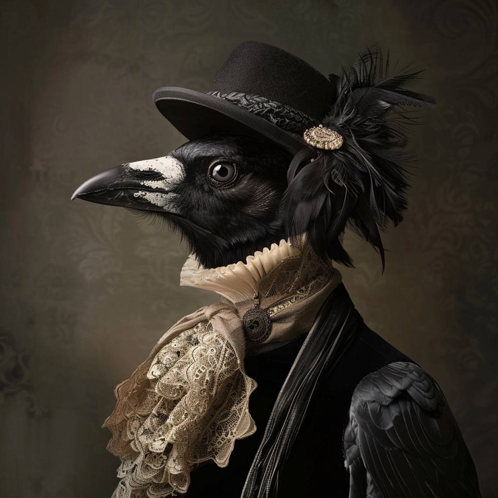 anthropomorphic bird wearing posh 19th century costume