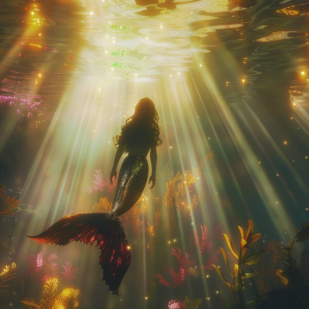A cinematic still of a mermaid, 3D render neat and matte octane cartoon style, bright colors, soft shadows, and a warm atmosphere, dream sequence, psychic colors