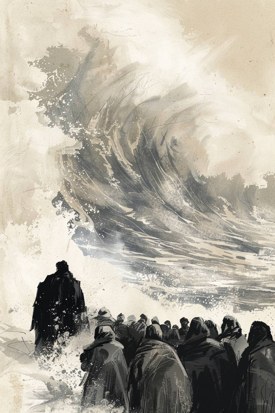 Hand drawn sketch of Moses dividing the Red Sea, and the Israelites beginning to cross over on dry land during their Exodus from Egypt. Elegant digital art print depicting the epic Biblical tale of Moses and the parting of the Red Sea, a classic moment in the Exodus story. The print is done in a modern, minimalist style with beige, black and white tones, capturing the power and grace of God.