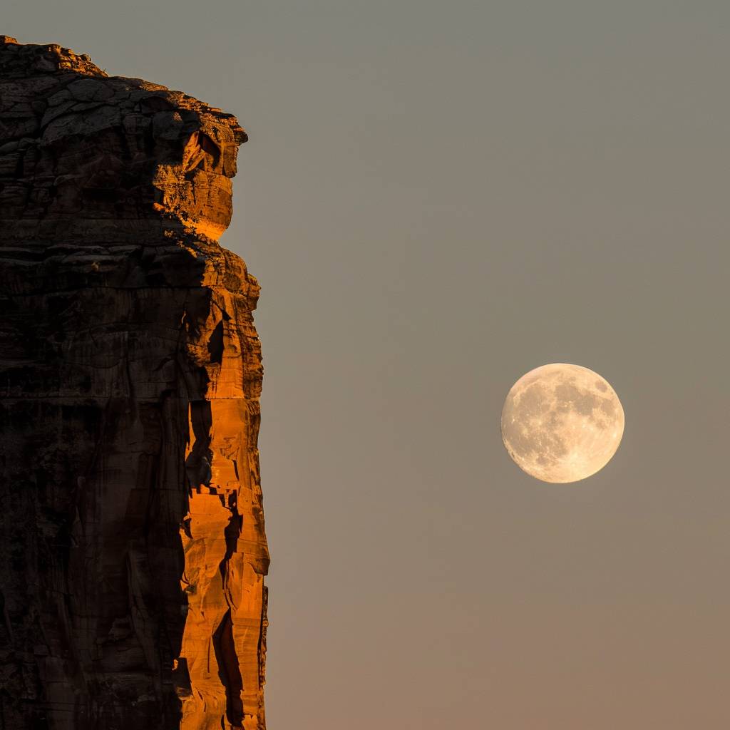 写真、半円形の月、200 ISO、f/8、巨大な月のスタイル、夕焼けの断崖::0.5