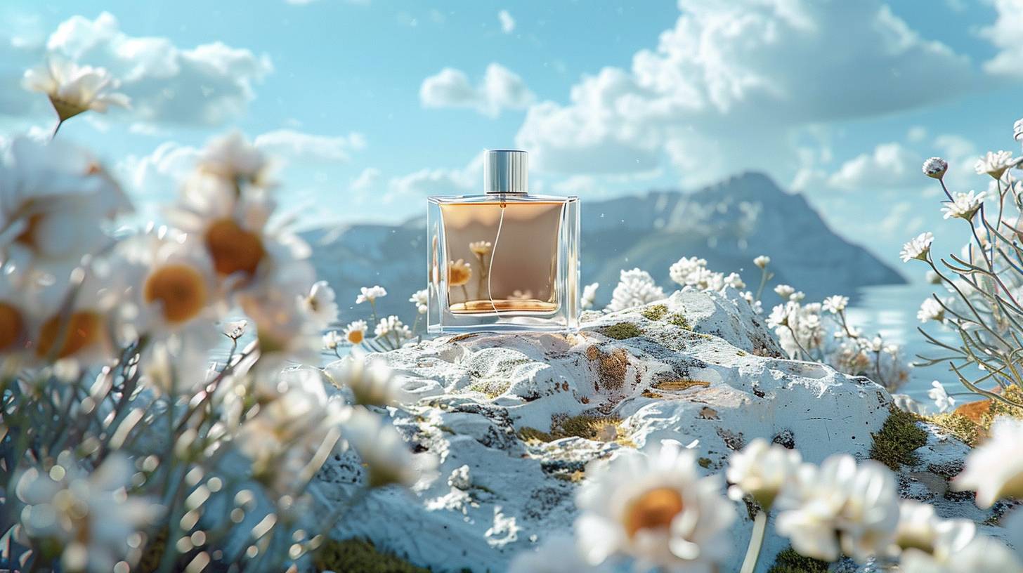 Product photography, micro close-up, Chanel perfume, translucent, sitting on a giant white rock, with flowers at the side, blue sky, combining natural and man-made elements, featuring white and beige, studio light, high details, best quality, HD, 8K