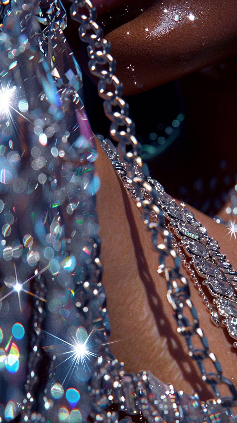 A close up of the shoulder and arm with lots of diamond chains around it, in the style of David LaChapelle, a magazine advertisement of a woman's body covered in diamonds, shiny, closeup intensity, in the style of David LaChapelle, in the shape of an hourglass, closeup, hyper realistic, detailed, realism, masterpiece, high resolution, full HD.