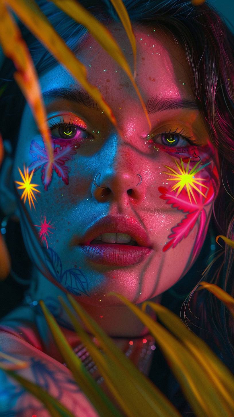 A beautiful woman with colorful tattoos in neon pink and yellow colors against a tropical leaves background, with cinematic photography in the style of hyper realistic --ar 9:16 --v 6.0