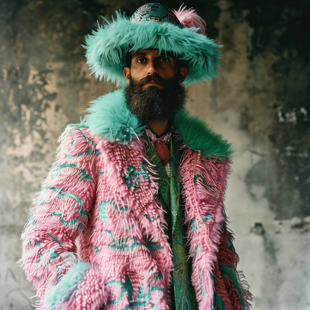 Bearded man in crazy furry pink green coat and awesome hat designed by Walter Van Beirendonck