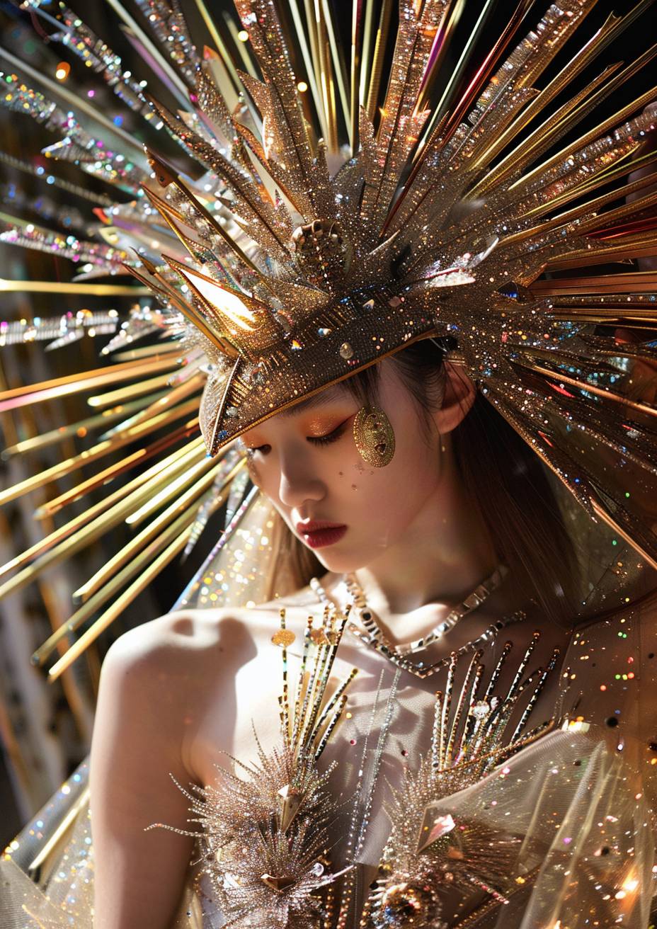 ghastly glitchpunk, low-angle perspective, red carpet starlet wearing a gold and silver minidress and headpiece with arrow-like spikes, in the style of linked rings, future fashion