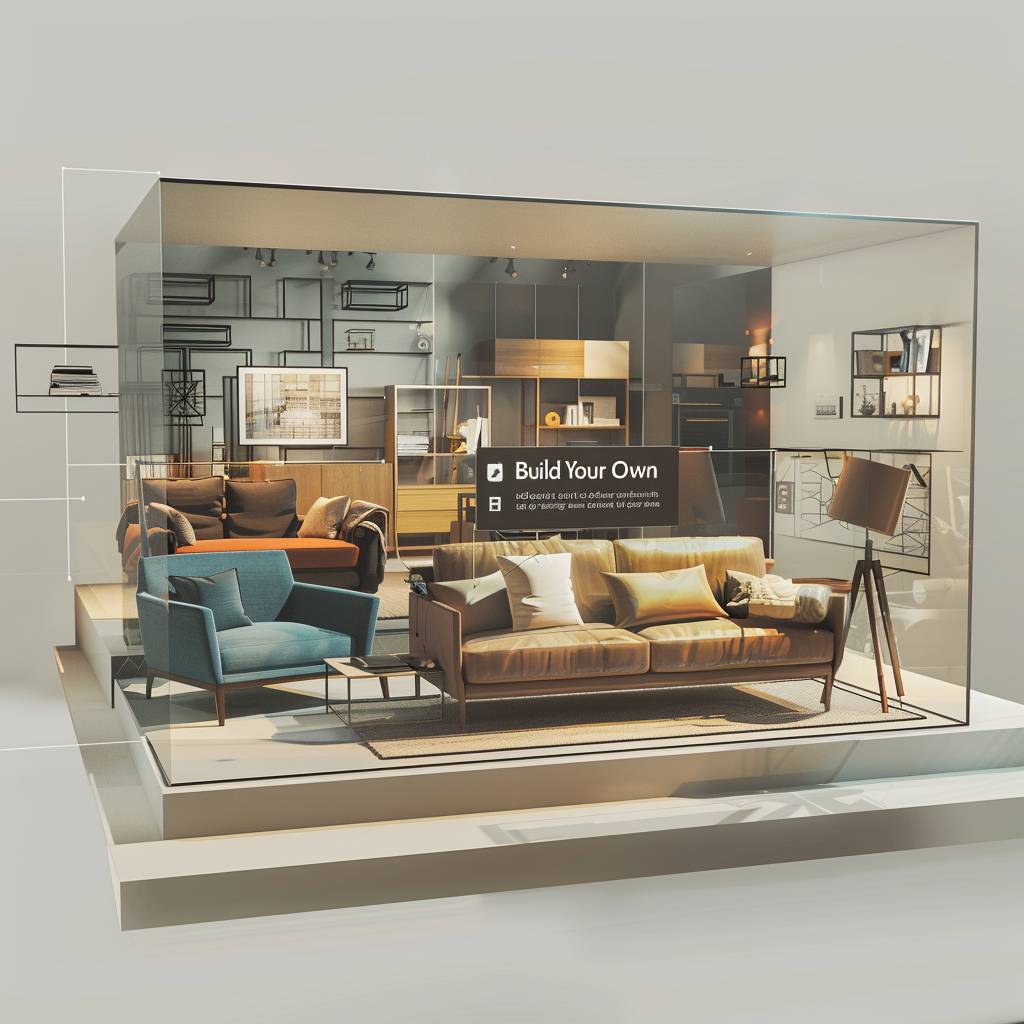 In the foreground, showcase a beautifully arranged pre-made furniture package, like a comfortable sofa, a stylish coffee table, and a coordinating armchair. In the background, depict a partially transparent digital interface (like a computer screen or tablet) hovering slightly above the furniture. This interface showcases the 'Build Your Own' functionality with various furniture pieces (lamps, ottomans, bookshelves) available for selection.