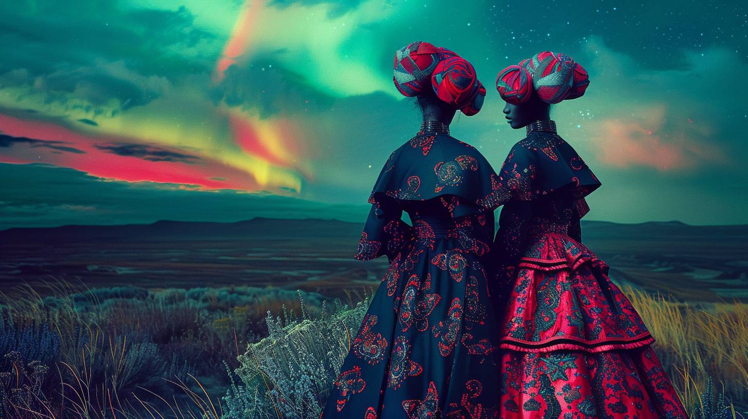Haute-couture advertising campaign photographed by Erik Madigan Heck. Two models wearing Comme des Garcons Avant-Garde costume. Mongol steppe in background. Northern lights in the sky.