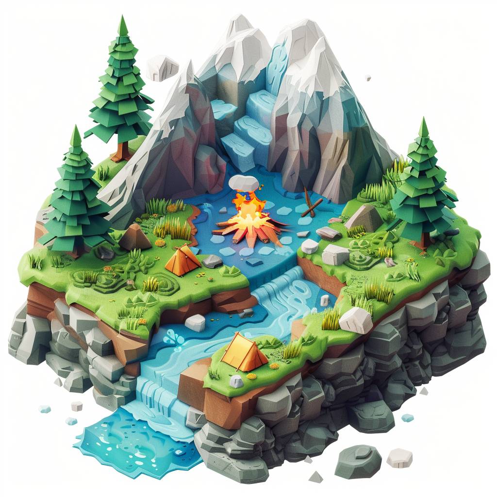 Isometric cube with Minecraft style, white background, 3D rendering, cute mountain scene with a campfire in the center, blue stream flowing from one side to another, small rocks on top of it, a pine tree at each corner, small tents around the edge, cartoon style, 2D game art, high resolution, high detail, vibrant colors, colorful, cute
