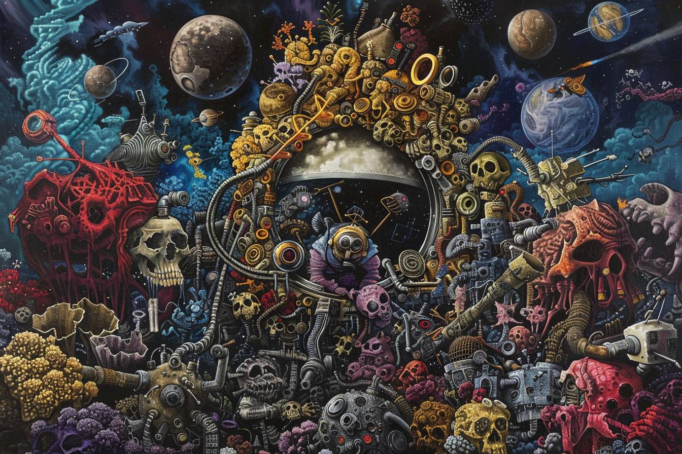 A surreal painting of an astronaut on an alien planet, surrounded by various strange machines and mechanical parts, in the style of detailed character design, surrealistic dreamscapes with vibrant caricatures, intricate details.