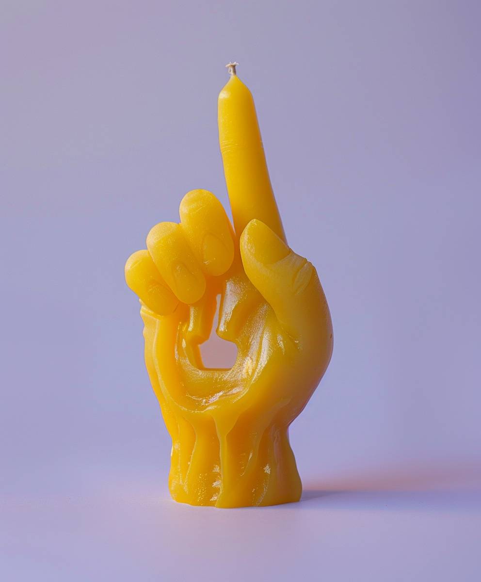 A yellow hand making the ok sign made of wax, a candle carved from wax on light purple background, hyper realistic photography style, product photography, studio lighting, simple candle design