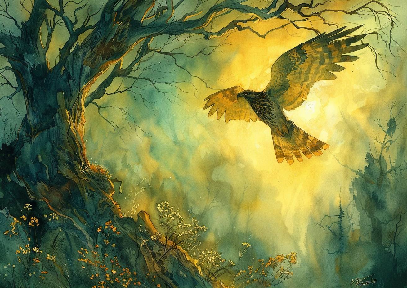 Apocalypsecore landscape, a hawk launches itself from a dead tree, wings strobing in the sunlight, strong visual flow
