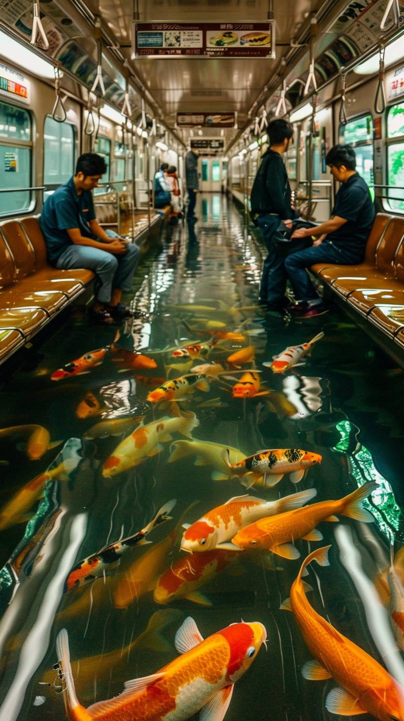 日本の地下鉄では、わずかに水が入った地下鉄車両があり、優雅に泳ぐ鯉が飾られています。人々はベンチの上に立ち、濡れるのを警戒しています。都市の交通手段と水中の美しさが融合したこの超現実的な光景は、予期せず魅力的です。ためらう乗客と静かな水中環境との対比が、この想像力豊かなシナリオに風変わりなタッチを加えています。