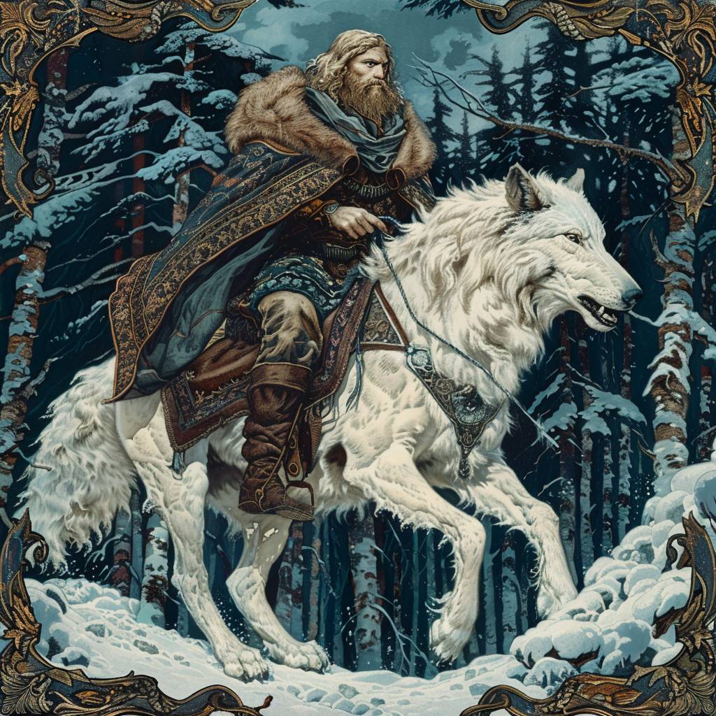 Ivan Bilibin's painting depicting lord of winter riding white wolf --stylize 275 --v 6.0