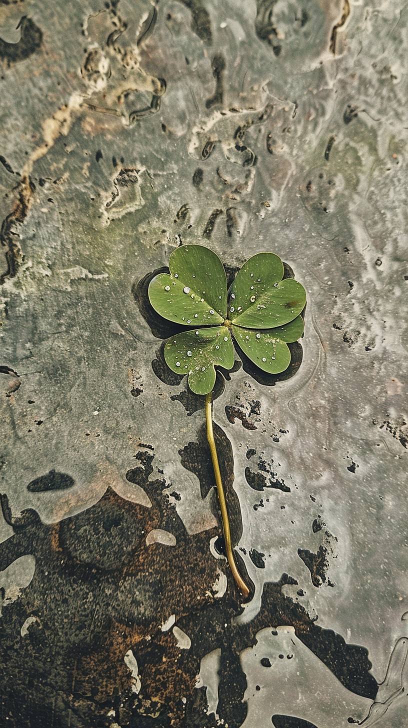 A vintage National Geographic photo of a four leaf clover being stepped on, distressed, torn and battered, washed up, in a wet rainy atmosphere, up close, detailed.
