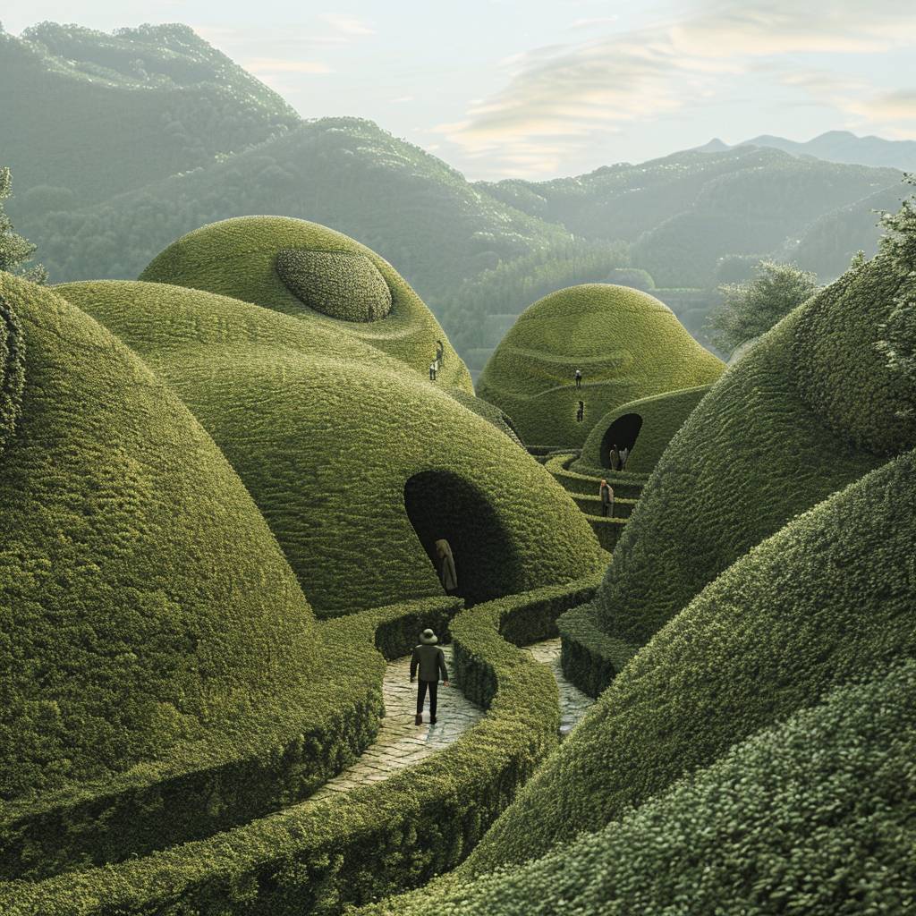 Photos of people walking through the green garden, in Chen Zhen style, surreal 3D landscape, Li Tiefu, pointed mounds, charming landscape, spherical shape, high-definition out of the picture