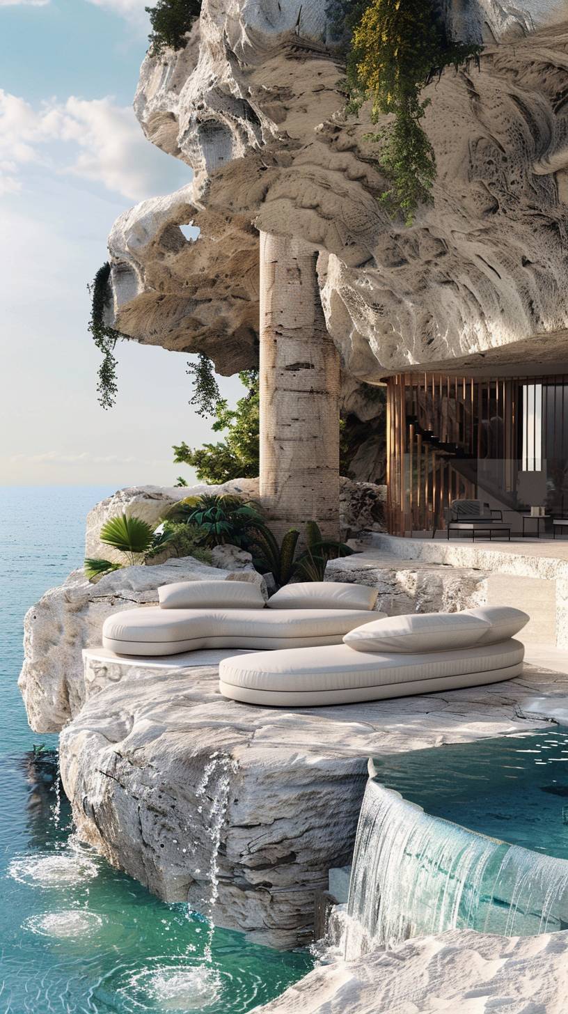 This image focuses on the exterior view of a living room of a villa in Provence, facing the sea on the cliff, made of limestone regular block shapes, with sliding windows and timber screens, designed by Zaha Hadid, featuring rocky textures and forms, constructed of regular giant rock blocks stacked together with an infinity edge pool in front, blending in with the surrounding nature. Regular rock blocks. Giant rock blocks shaping the space. The image captures the infinity edge profile of the pool and the flowing water creating a waterfall effect. Adriatic Sea. The design is sustainable and semi-prefabricated. The photo was taken with a Canon 5D Mark 4.