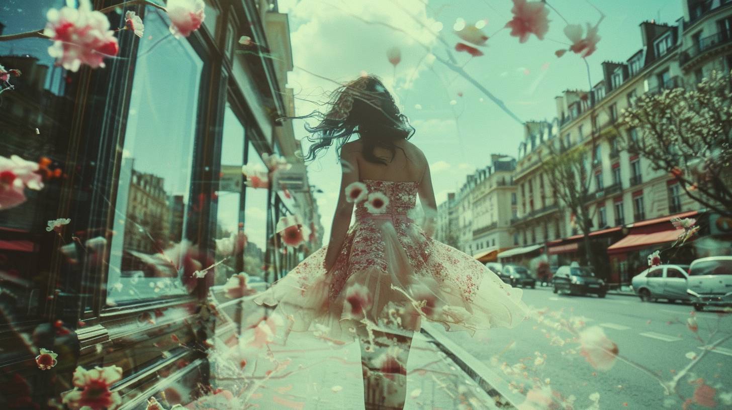 Cinematic, vintage style photography, [A stunning model in a short Valentino dress, her skirt and hair blowing in the wind, standing in spring Paris. Double exposure photography with flowers and street view,] faded polaroid effect, nostalgic grain texture, retro aesthetic
