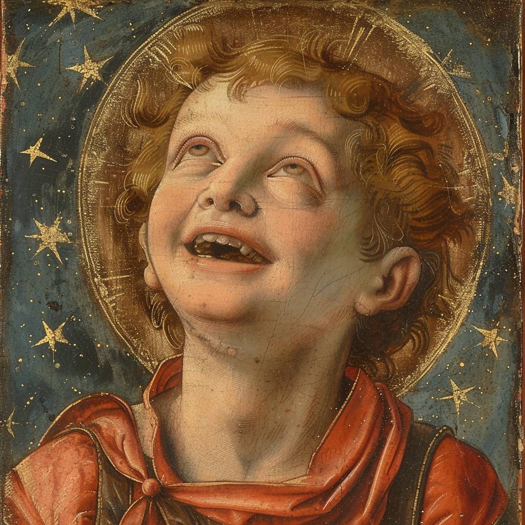 Portrait of smiling saint boy from stars depicted by Masaccio, version 6.0