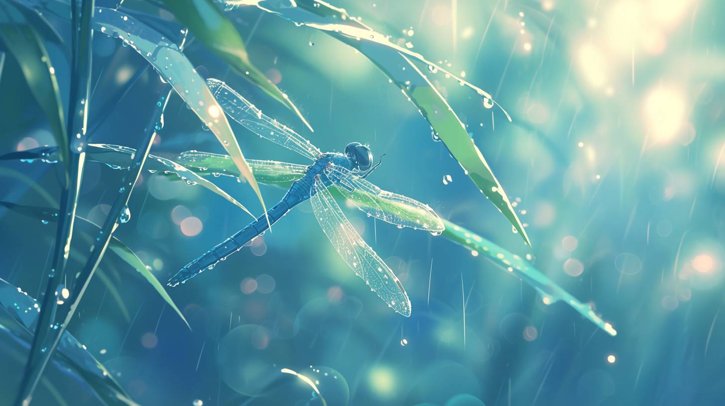 柔らかな雨の中で霞む蜻蜓の翅は光を受け、プリズムのような効果を作り出し、柔らかいフォーカスの水中背景と共に、新海誠風のスタイルで--虹6--アスペクト比16:9