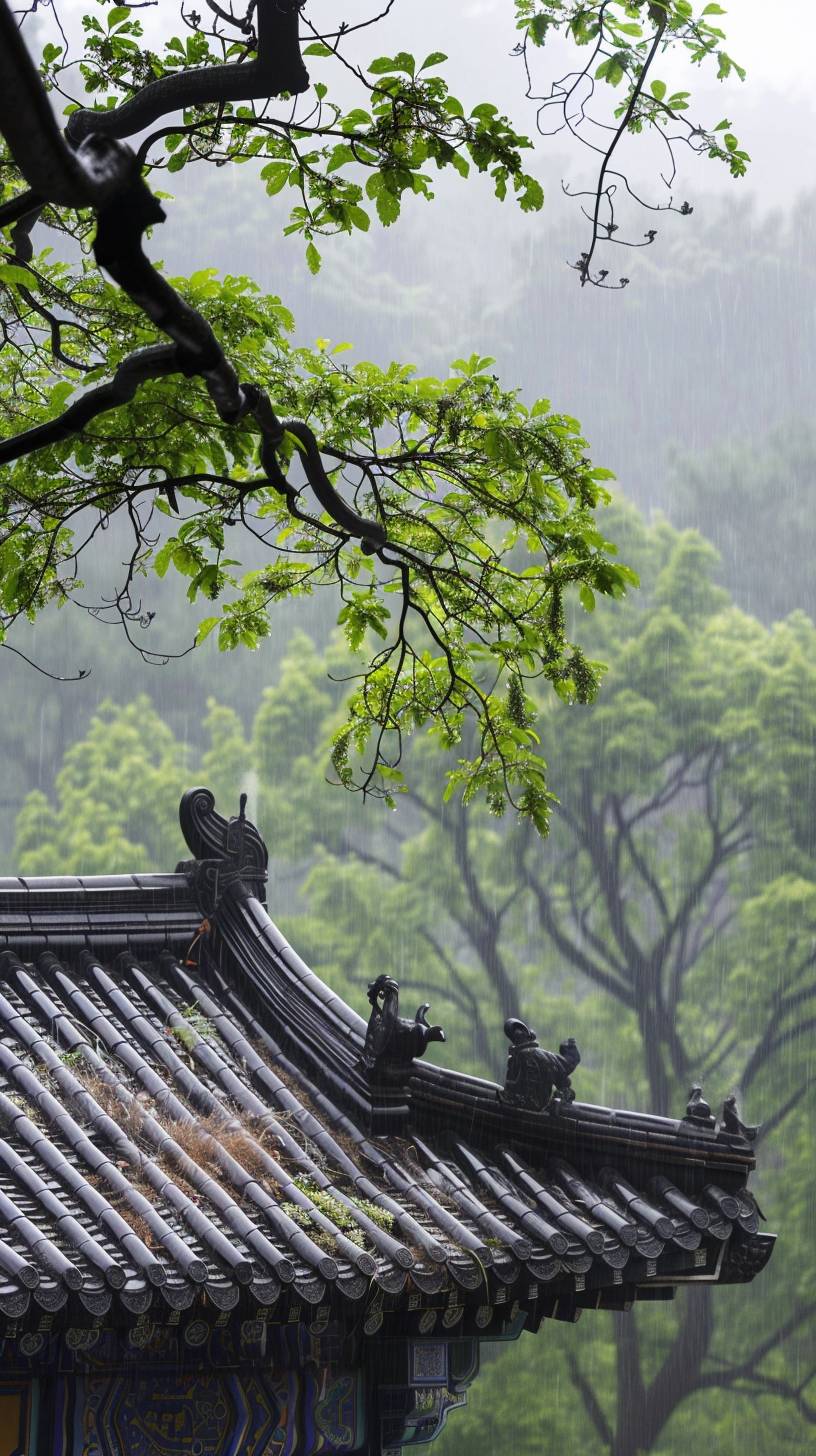 中国の伝統的な祭りである清明節、屋根の上で雨が降り、木々が青々と茂っています。