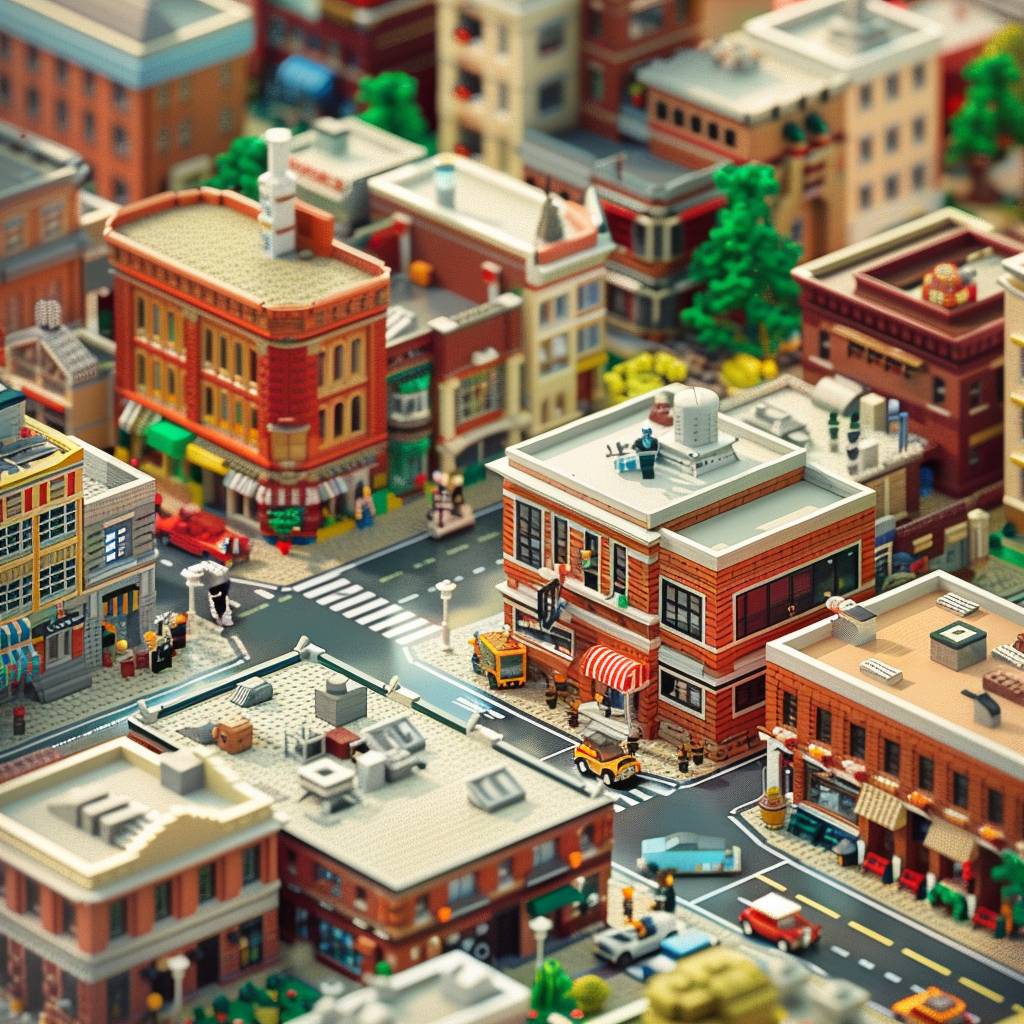 Detailed isometric-view fragment of enormous elaborate LEGO city block