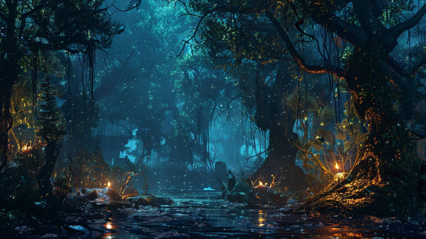 Deep primeval forest camp at night surrounded by huge trees under dense canopy, concept art, fantasy, digital painting, cinematic