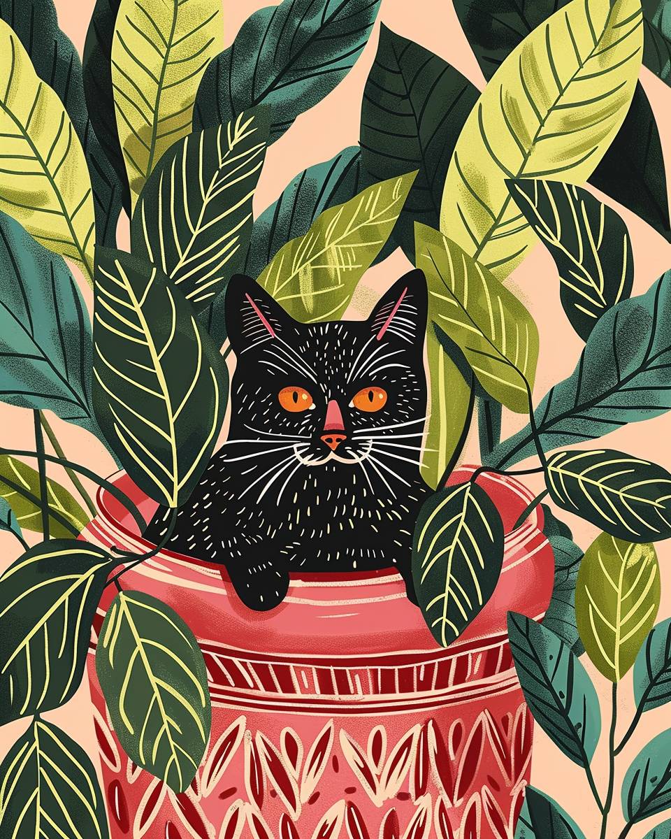可愛いイラスト、ピンクのヴィンテージ鉢に隠れている黒猫、鮮やかな色彩、繁茂した葉