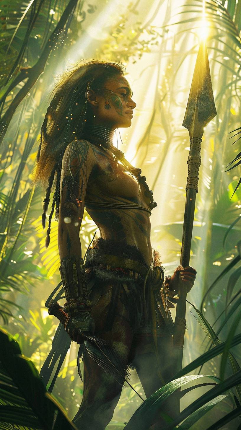 A realistic cinematic poster depicting a fierce Amazonian warrior with intricate tribal tattoos and a spear with glowing tips. She stands tall in a dense jungle, with beams of sunlight piercing through the canopy. The low angle shot captures detailed facial features and a dynamic pose, while the high resolution poster features cinematic lighting and vibrant colors. Cinematic film poster --ar 9:16 --v 6.0