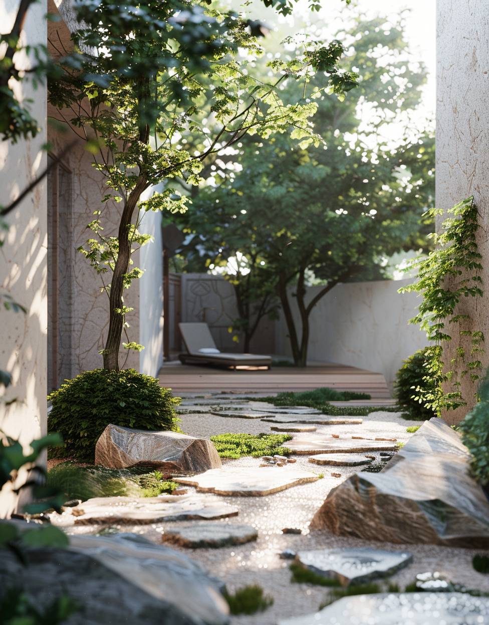 landscape architect, in the style of tranquil serenity, 【vray tracing】, stone sculptures, 【32k uhd】, 【somber mood】, minimalism with movement, wood