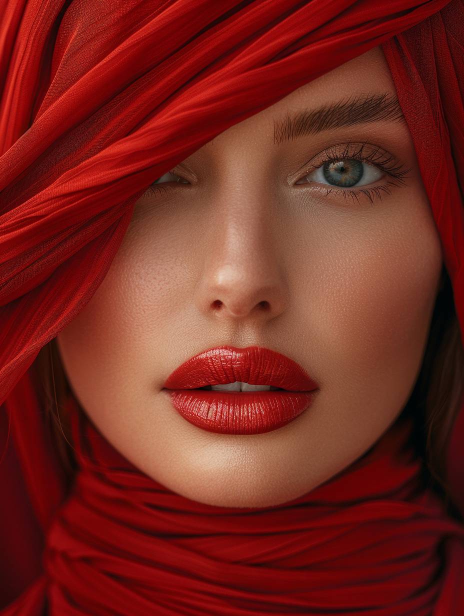 A beautiful woman with her eyes covered in red silk, photographed in the style of fashion photographer Hedi Slimane. The background is an abstract composition made entirely of red fabric. She wears a modern outfit in shades of crimson and scarlet. Her lips have glossy lipstick on them.