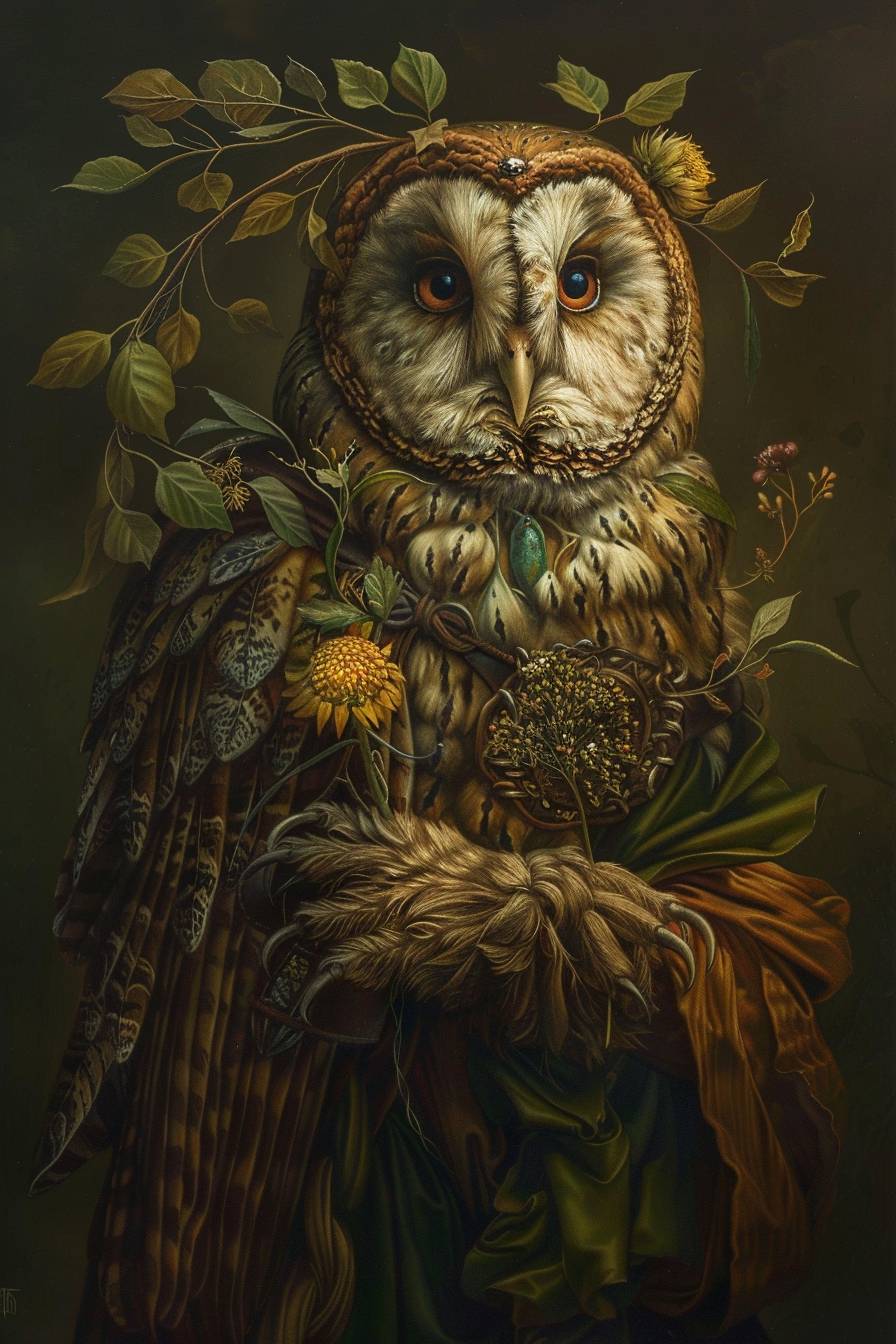 As Johanna Basford's illustration. Portrait of old wise owl --stylize 75 --aspect ratio 2:3 --version 6.0