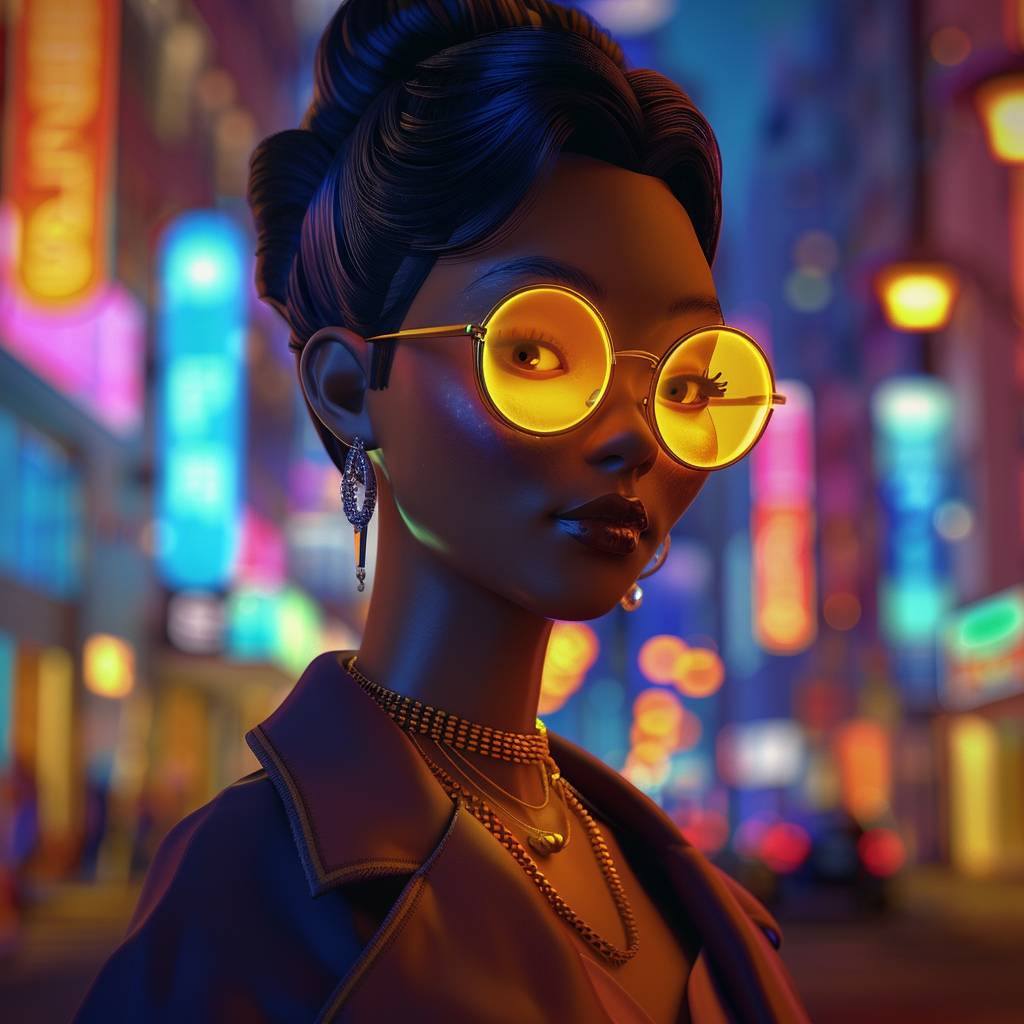 A cinematic still of a fashionable woman in the city, 3D render neat and matte Octane cartoon style, bright colors, soft shadows, and a warm atmosphere