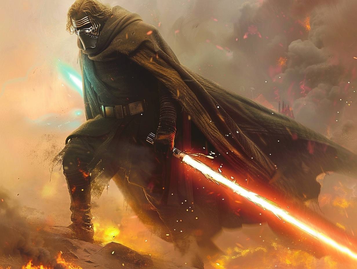 Star wars poster, a [Subject] wearing a [color] cloak and holding a [color2] light saber, on [background], [composition], fighting pose, highly detailed