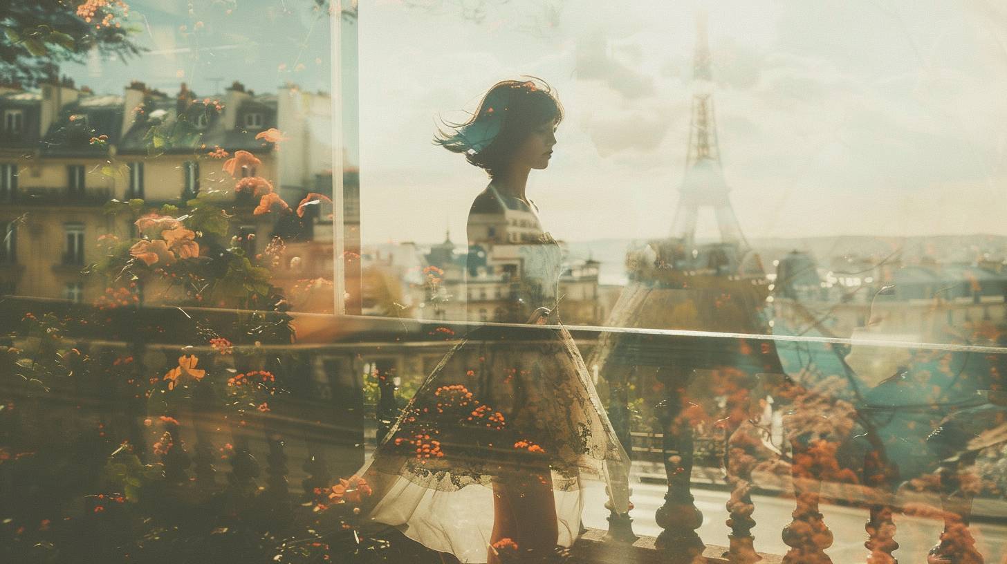 Cinematic, vintage style photography, [A stunning model in a short Valentino dress, her skirt and hair blowing in the wind, standing in spring Paris. Double exposure photography with flowers and street view,] faded polaroid effect, nostalgic grain texture, retro aesthetic