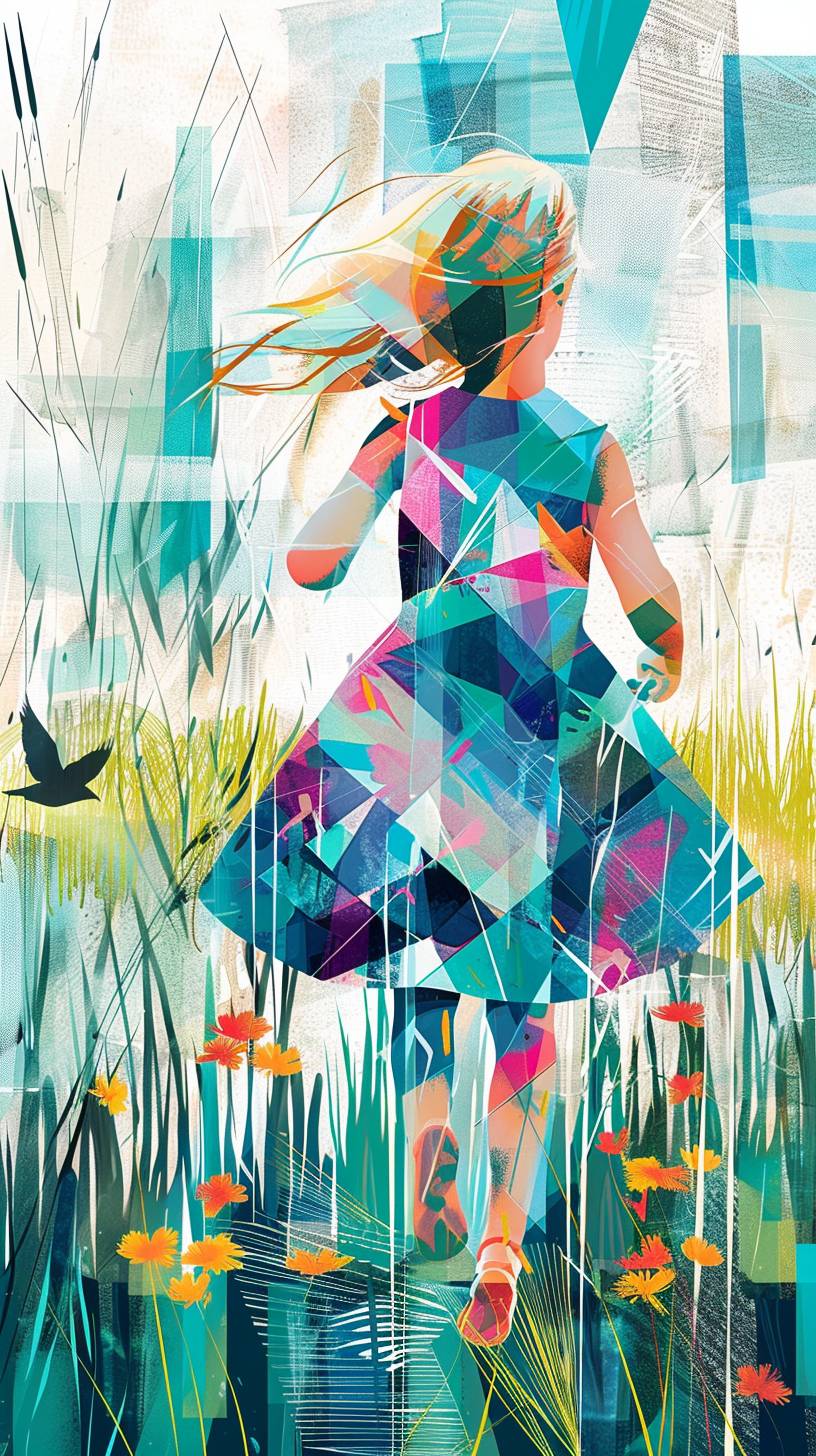 カラフルなサンドレスを着た若い女の子が、野の花の中で回転している。太陽が輝き、鳥が鳴いています。水彩画のスタイルで。