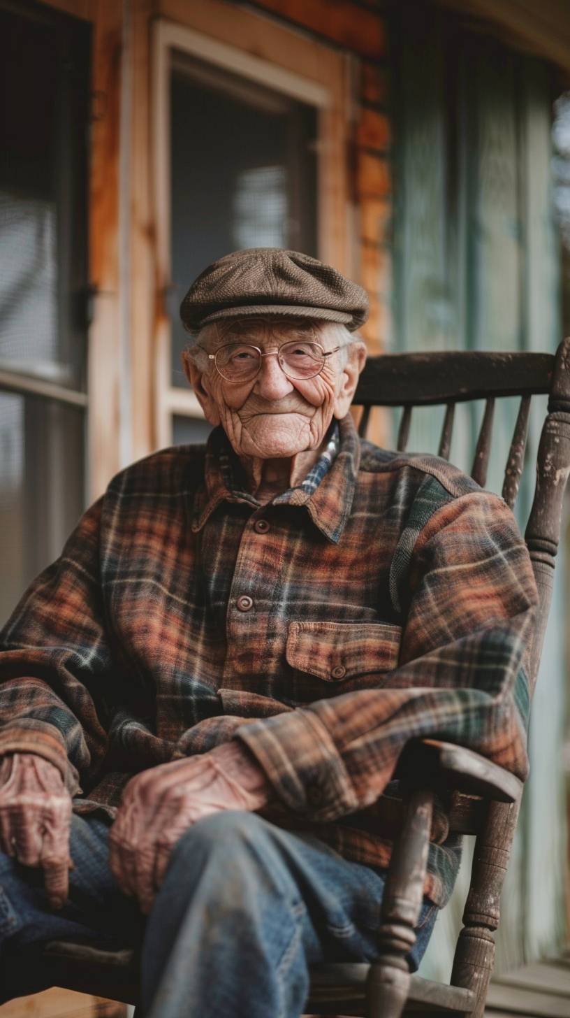 An elderly man with a weathered face and a kind smile, wearing a tweed cap and a plaid flannel shirt, sitting in a rocking chair on a wooden porch.