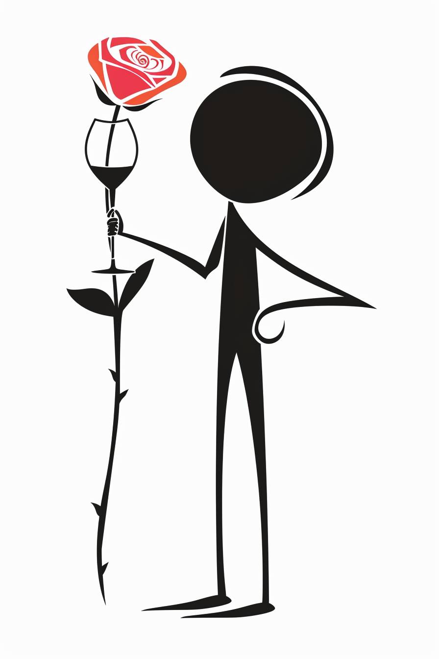 Stick figure rose, with a full open blossom, drinking wine, against a white background, in the vector illustrations style with flat design, minimalism, clean lines, at high resolution with high detail --AR 2:3 --style raw --v 6.0