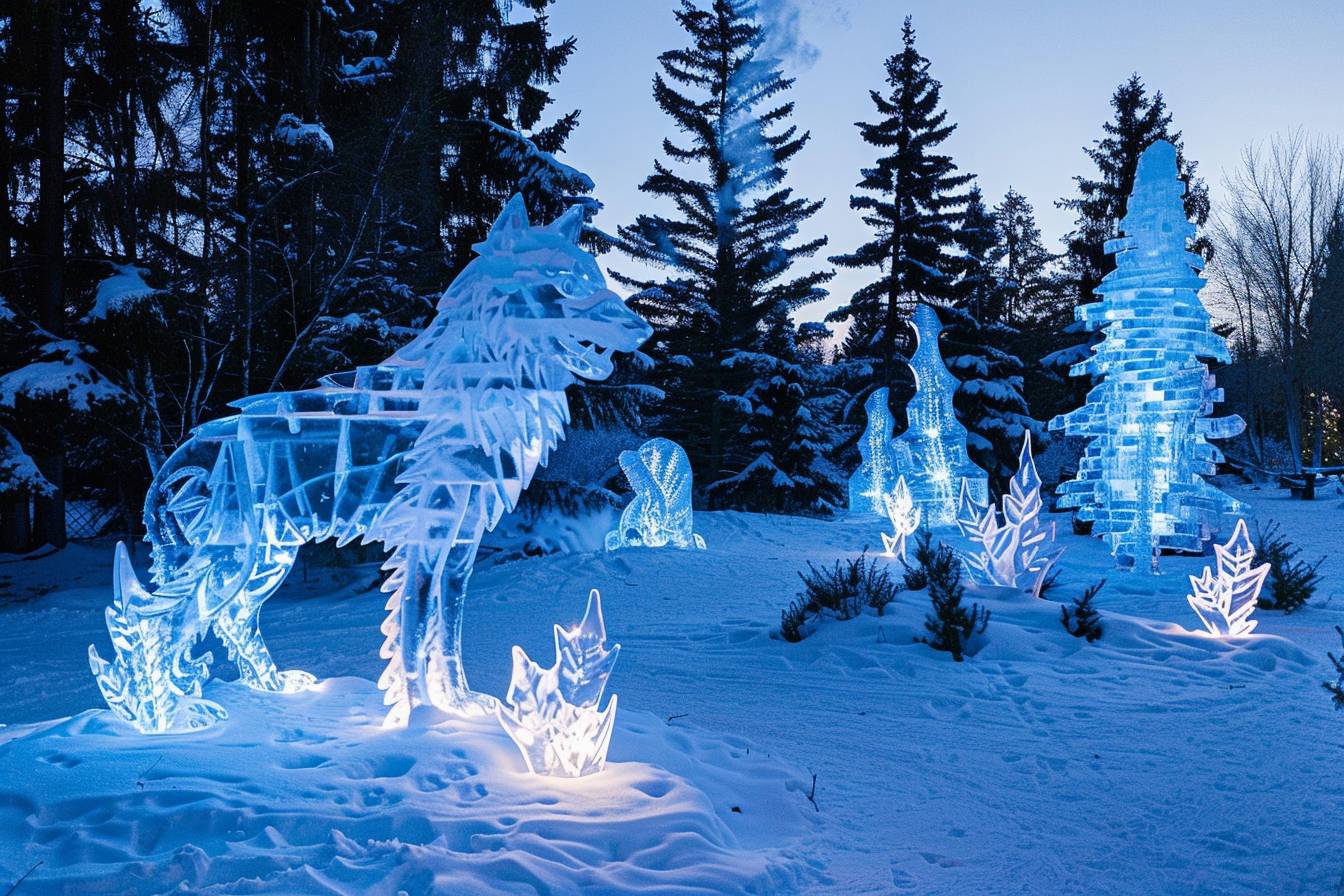 Wander through the 'Glacial Gardens' with a majestic wolf, where blue ice sculptures bloom like flowers and silver frost crystals decorate the landscape, a winter wonderland of frozen beauty.