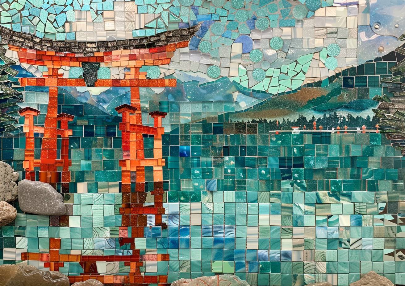 Sea glass mosaic, intricate detail, depicting a lakeside shrine, floating Torii gate, rippling reflections, mountains in background, strong visual flow.