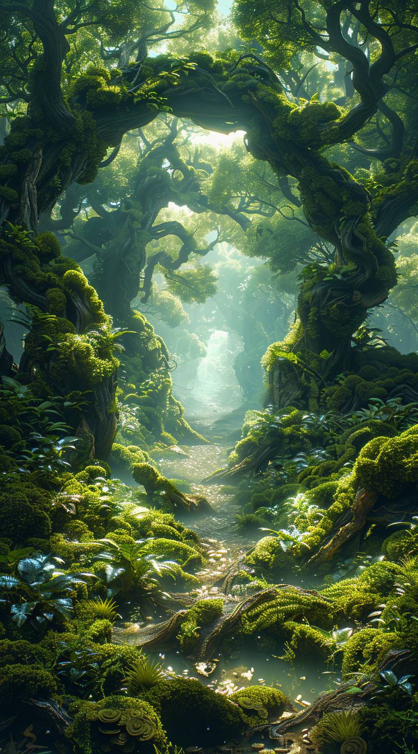 A mysterious space in a deep, humus, quiet forest with moss-covered fallen trees, bright style, adventure vibe, dust, mycelium and puddles, anime style, key visual, sky