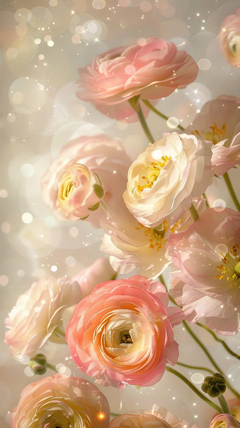 Ranunculus, bright and shiny background, transparency, gold, white, light pink, sparkling cherry petals dancing, artwork by Jeffrey Catherine Jones