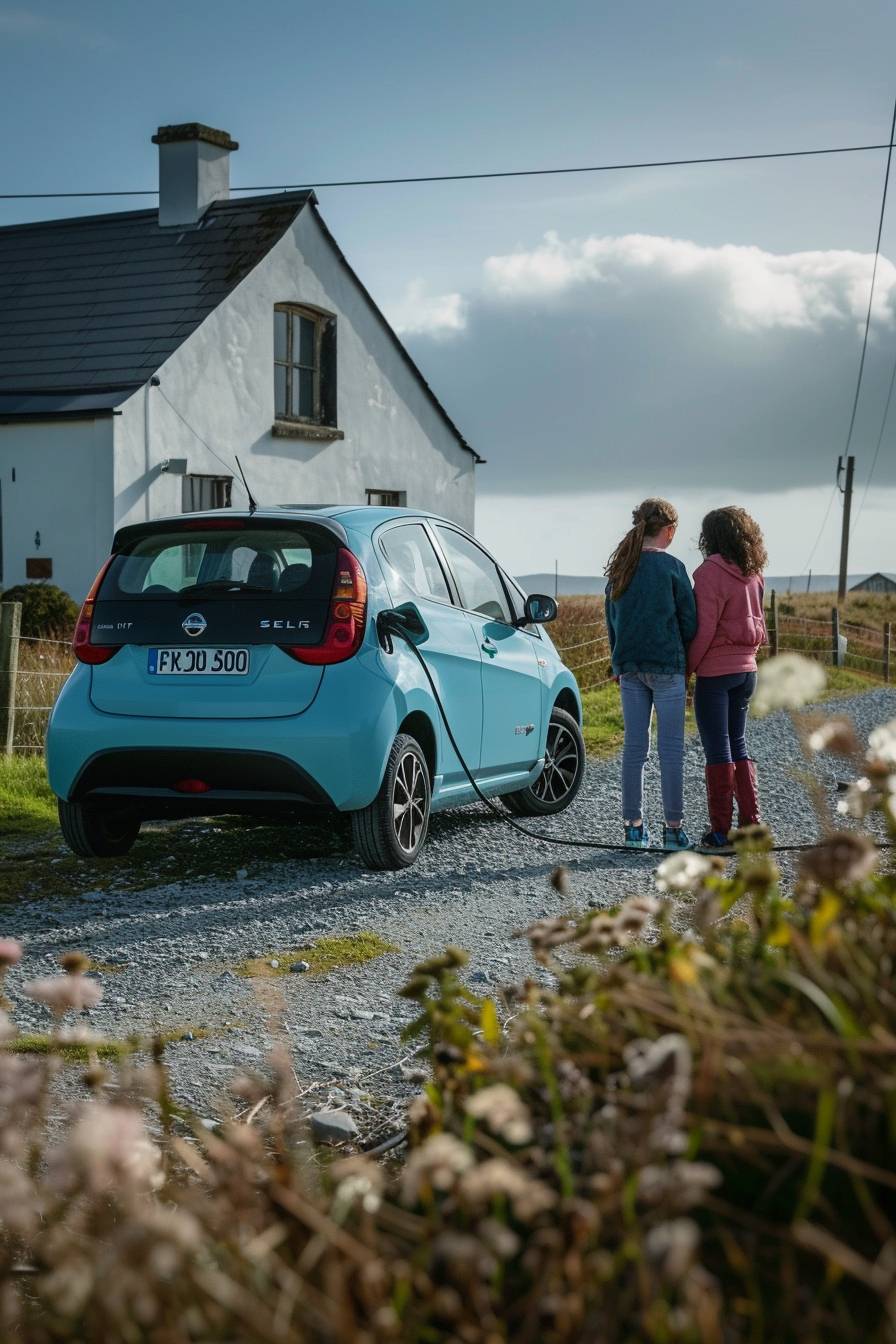 Rural irish school in the west of Ireland with a small gender diverse class discussing Electric Vehicles and the sustainability of them. Make this image generated applicable for a book cover.