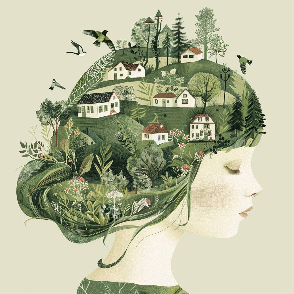 The girl's head is decorated with whimsical illustrations of houses, swallows, trees and hills in green tones, evoking the charm of a charming rural landscape. The background blends in with her hair, exuding an air of tranquility and creating a harmonious composition that captures the beauty of nature. The illustration symbolizes the harmony between humans and the environment, focusing on the face.