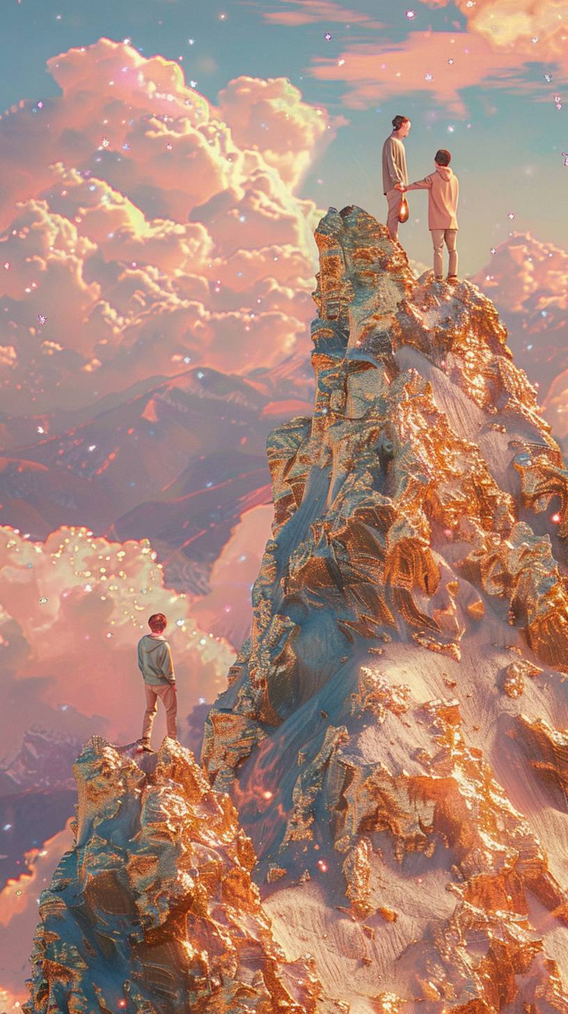 A group of hikers reaching the summit of a tall mountain. They are celebrating their achievement, with breathtaking views of the vast landscape below. In the style of a panoramic photograph.