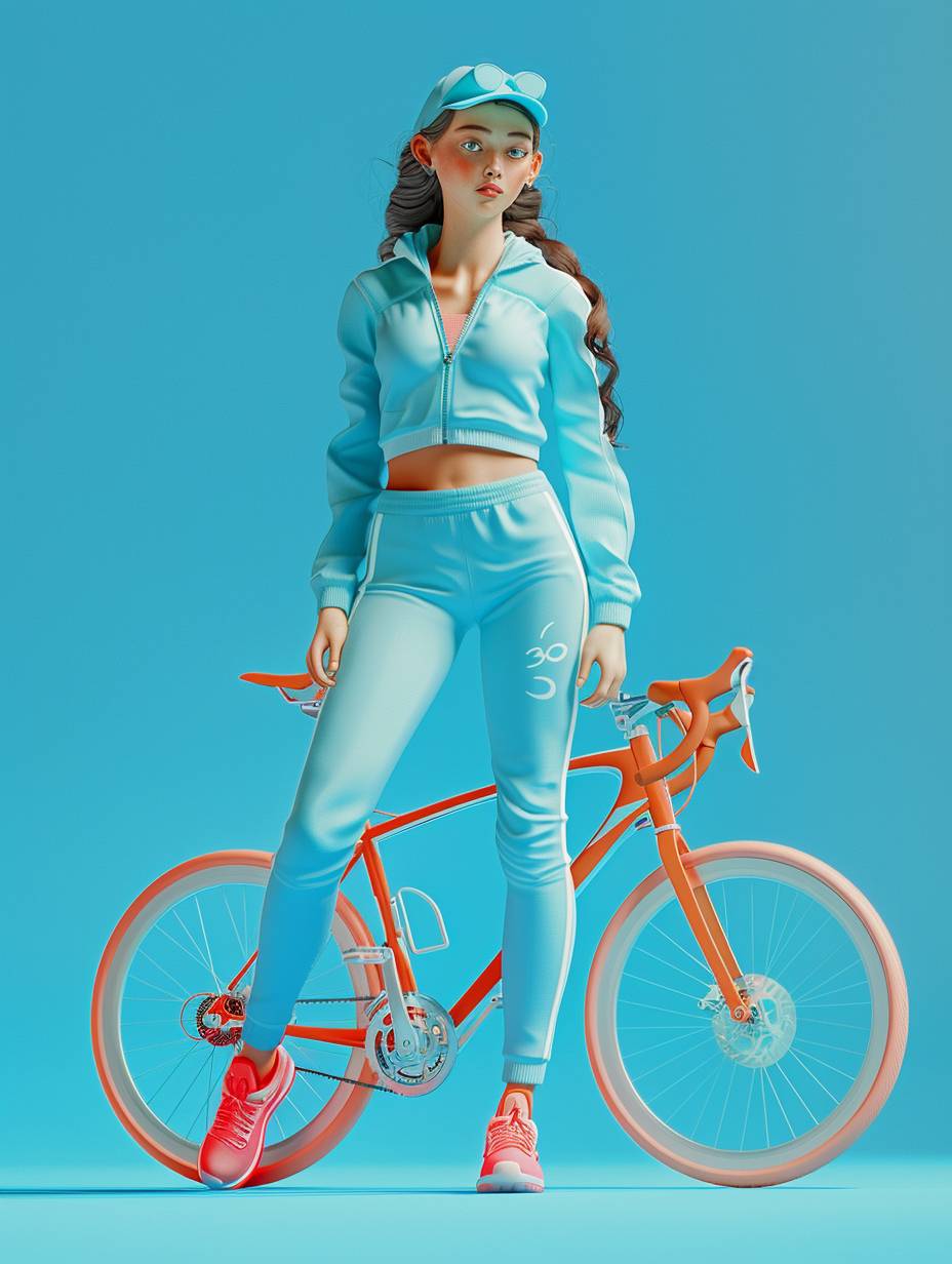 Realistic 3D cartoon style rendering, girl, mockup, full body, wearing baby blue color trendy sportswear, bright pastel colors, personality: gentle, riding, standing posture, cycling posture, lateral side, new popular portrait, fashion illustration, Popmart IP style, soft light, solid color background, 3D rendering, OC rendering, 8K