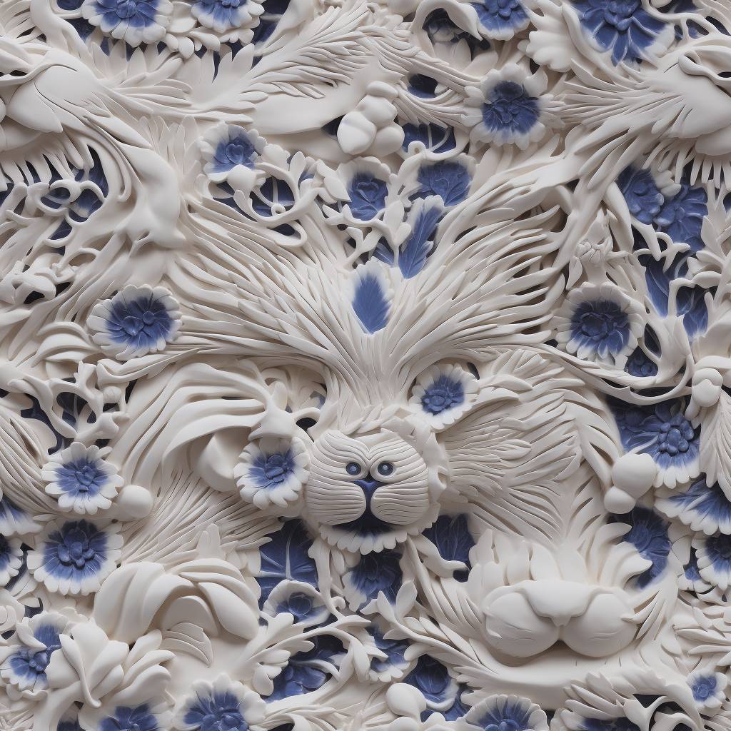 Intricate wabi-sabi style porcelain bas-relief depicting majestic cat